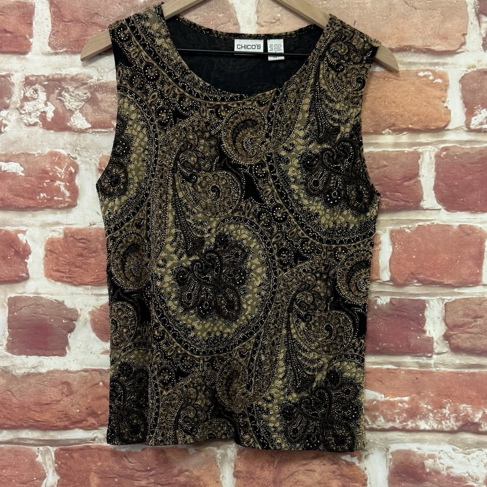 Chicos Top Women's M Black Boho Paisley Floral Stretchy Camisole Tank Shirt - Picture 6 of 8